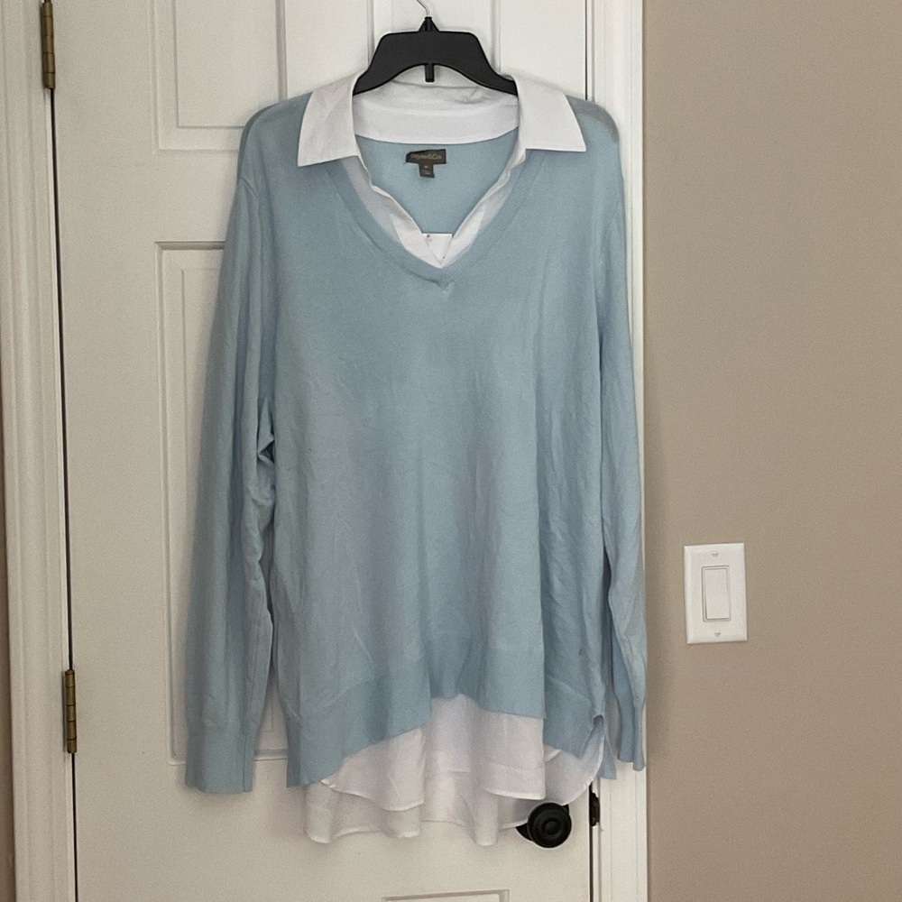 Style & Co. Sky Blue V-Neck Sweater with White Trim